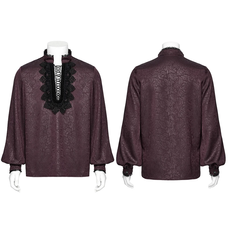 PUNK RAVE メンズ ゴス スタンドアップカラー ダークローズ柄シャツ エレガントなレースフロント ドローストリングデザイン 絶妙な感触のトップス