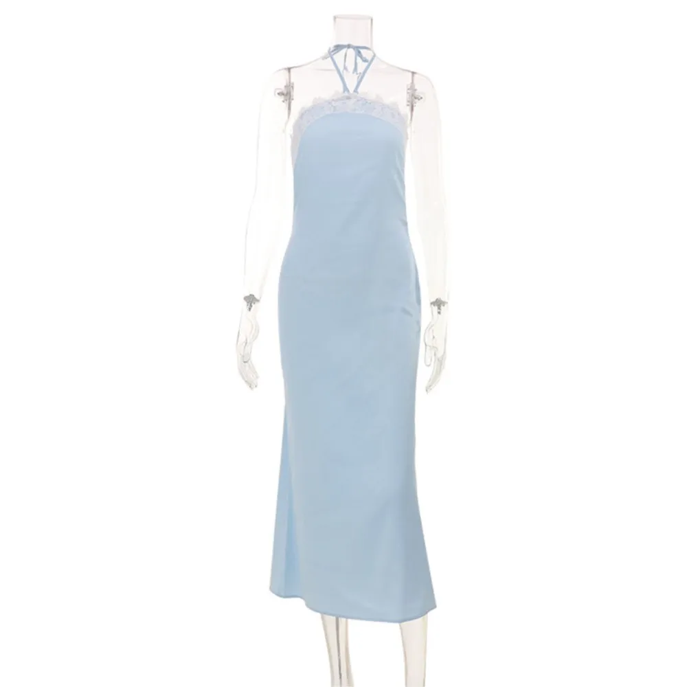 Dresses For Woman New Sexy Spliced ​​Lace Neck Halter Dress Contrast Backless Vestidos Temperament Casual Simple Style Fashion
