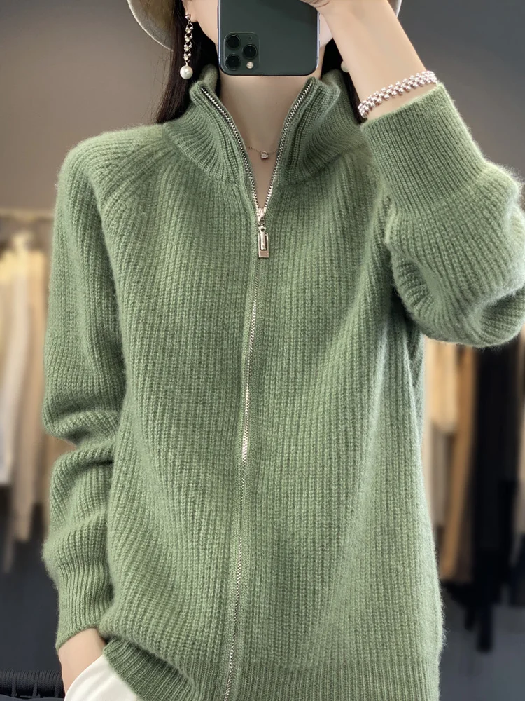 New Chic Women 100% Merino Wool Sweater Cardigan Autumn Winter Zipper Soft Knitwear Long Sleeve Wool Sweater Female Jacket Tops