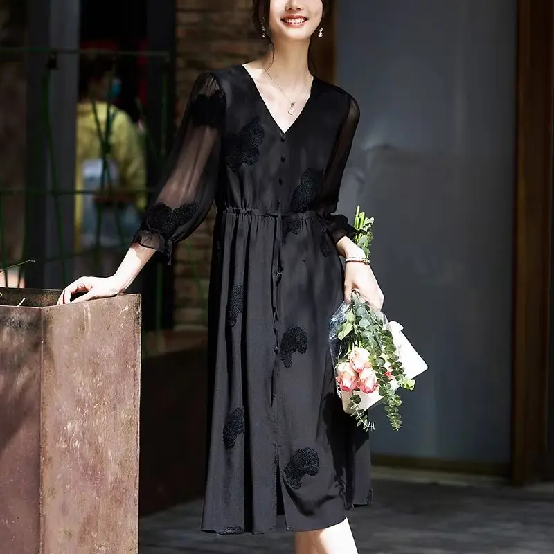 New Summer Elegant Fashion Dresses Women 100% Real Silk V-neck Woman Black Dress Three Quarter Sleeve Drawstring Long Dress