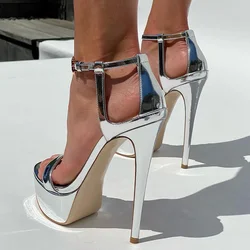 Olomm New Women Summer Sandals Ankle Strap Stiletto High Heels Open Toe Gorgeous Silver Night Club Shoes Women US Plus Size 5-20