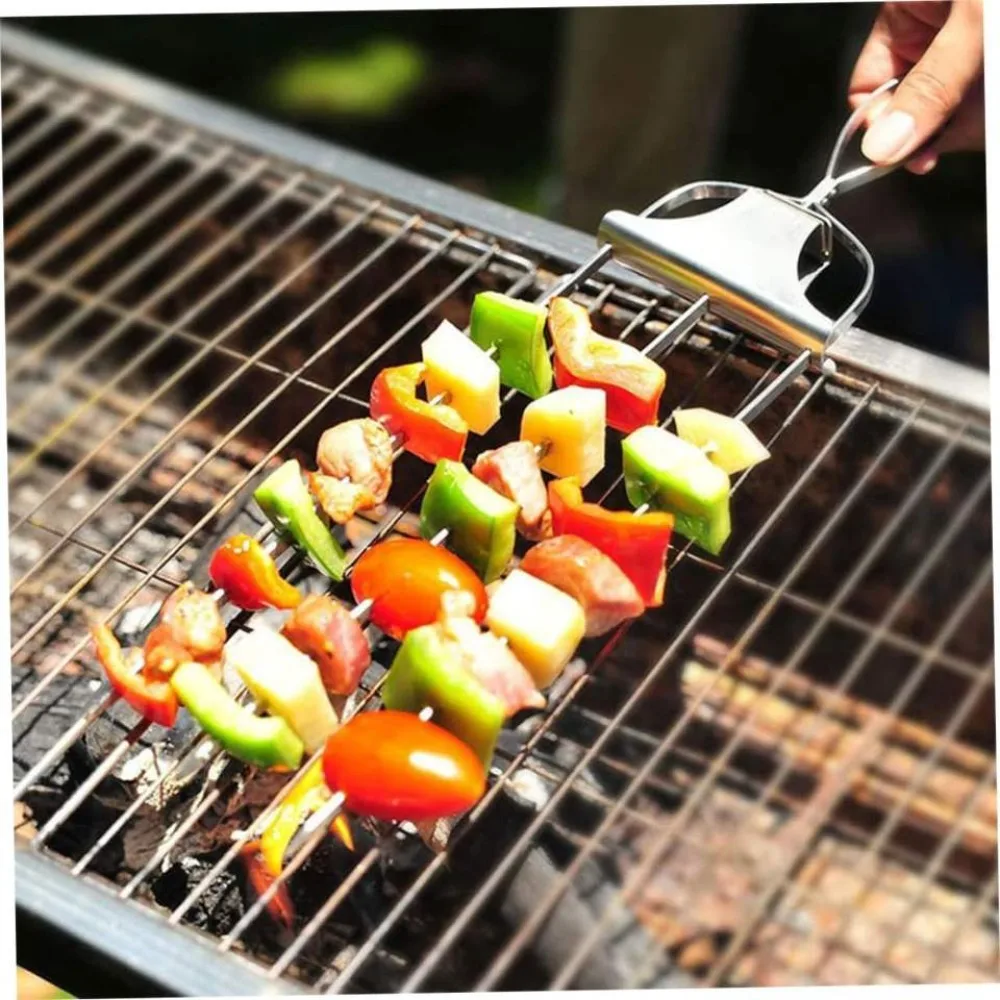 Kabob Skewers for Grilling 1 PCS Metal Kabob Skewer for Grilling 14 Inch Stainless Steel Barbecue Skewers with Push Rod Sliders