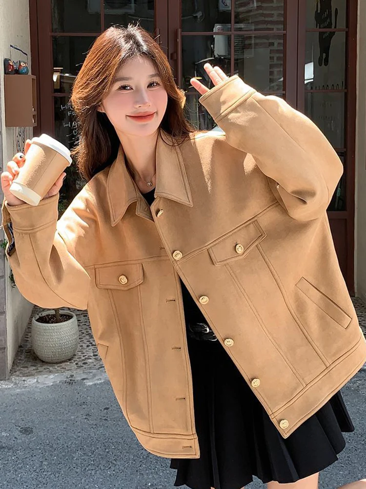 Women Streetwear Faux Suede Jacket Vintage American Loose Long Sleeve Y2K Coat Casual Female Fall Winter New Pockets Gothic Tops