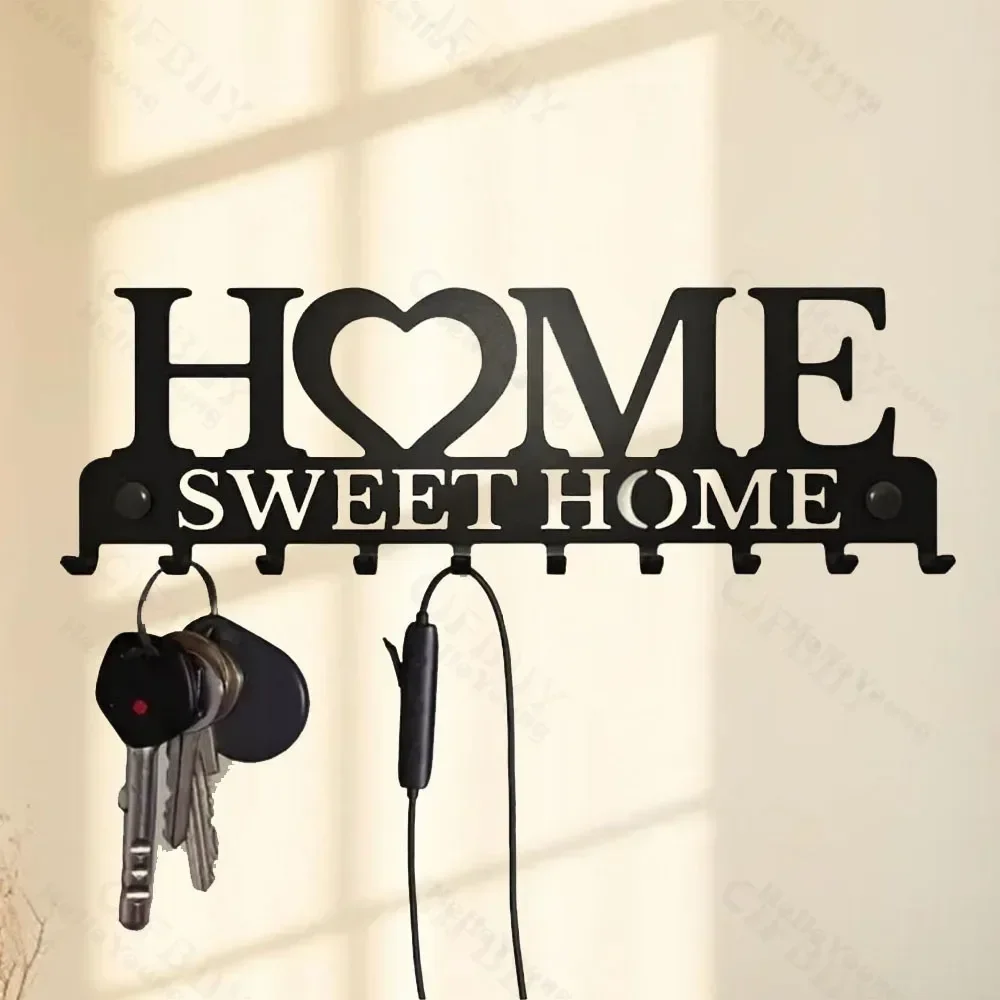 Sweet Home Balcone in metallo nero Appendiabiti a parete Portachiavi Organizzatore da cucina Bagno Rangement Ganci Appendiabiti