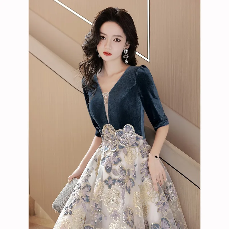 Vintage Flower Print Mother\'s Bridesmaid Dress French V-neck Banquet Evening Gown Elegant Half Sleeve Back Zipper Formal Dresses