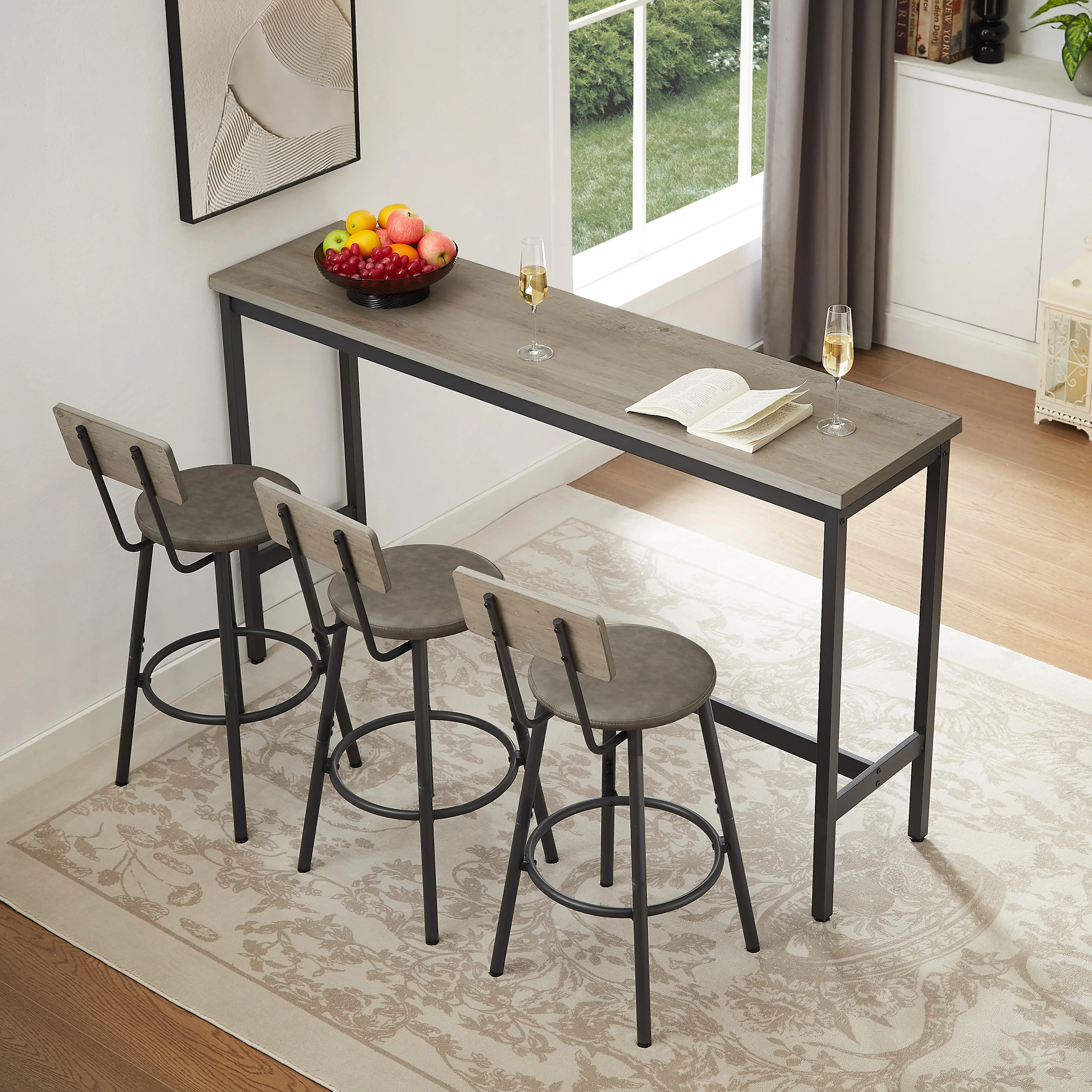 

Long Bar Table Set with 3 PU Upholstered Bar Stools, Living Room, Banquet Hall, Rustic Gray and Black, 63″L x15.7"W x 37.5"H