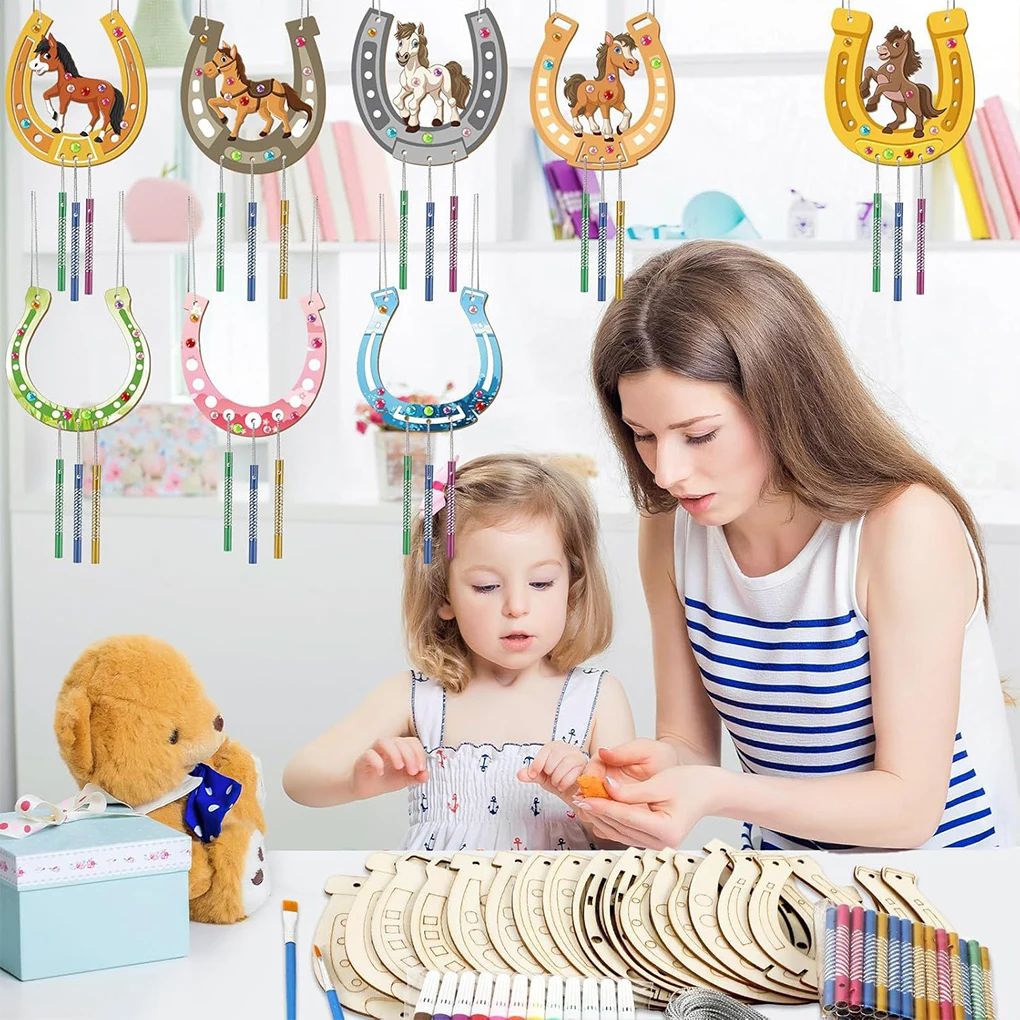 Kit de carrilhão de vento diy, carrilhão de vento de madeira, ferradura inacabado, conjunto de pingente para crianças, pintura