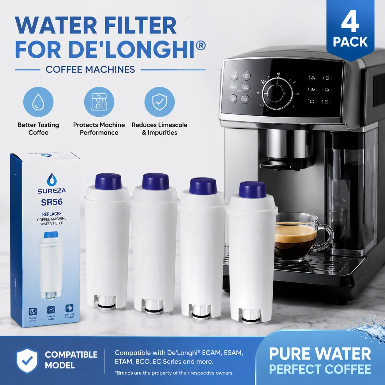 

4PCS Water Filters Replacement for De'Longhi Coffee Machines, Compatible with DLSC002 Coffee Maker Water Filter Cartridges