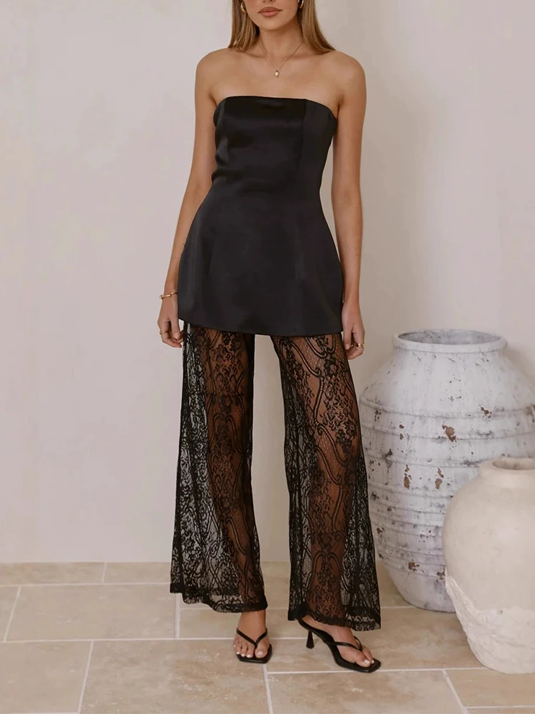 

Сексуальный кружевной облегающий костюм для банкета, летний комплект с открытыми плечами, облегающий коктейльный наряд, женский топ без бретелек и длинные брюки, комплект из двух предметов