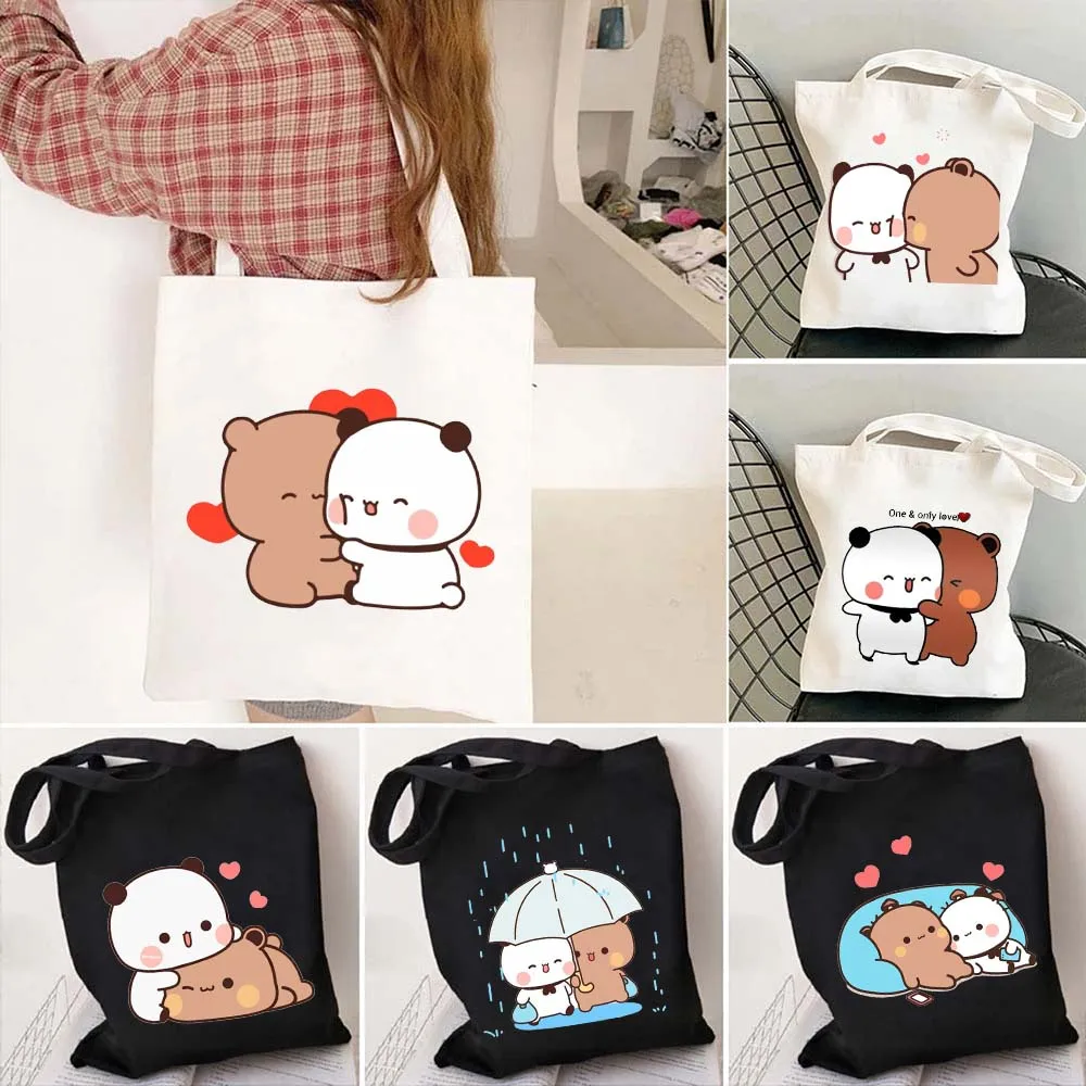 Cute Kawaii Panda Bear Shopper Canvas Tote Bag Brownie Bear Bubu Dudu Lovely Couple Anime Harajuku Foldable Shopping Bag Handbag