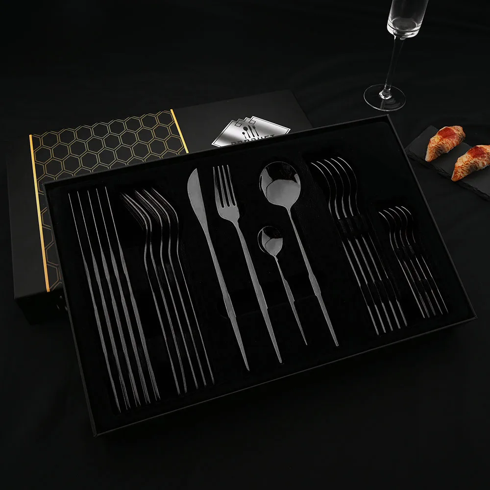 Rose Gold Luxury 24Pcs Cutlery Dinnerware Set Knife Fork Spoon Stainless Steel Tableware Western Kitchen Silverware Set Gift Box