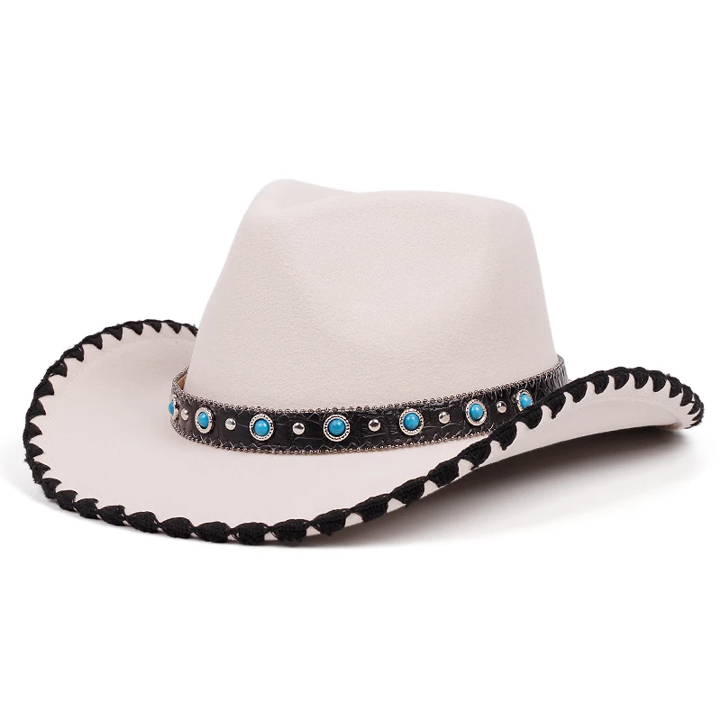 Autumn Winter Western Cowboy Hat Women Men Belt Decoration Lace Trim Big-brim Gentleman Jazz Hats Holidays Party Cosplay Cap