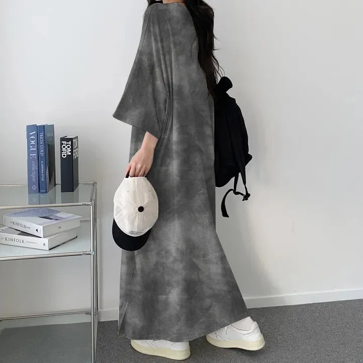 

Tie-Dye Short Sleeve T-Shirt Dress Women's Loose Casual Midi-Length Korean Style Printed Organic Cotton round Neck Dress