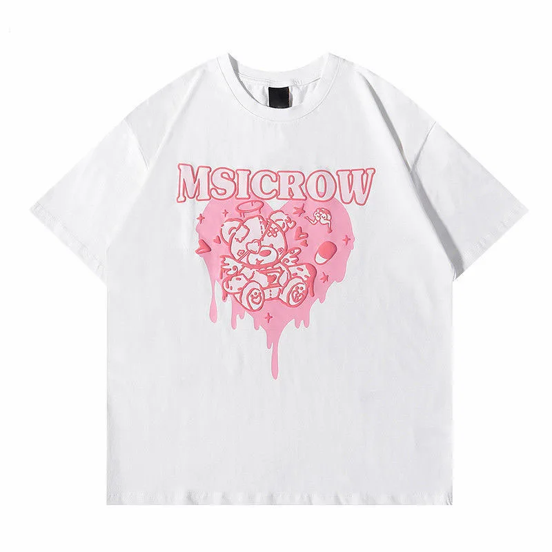 T-Shirt à Manches Courtes pour Femme, Vêtement à la Mode, Kawaii, Rose, Amour, Ours, Texte Imprimé, Harajuku, 2022Y2k