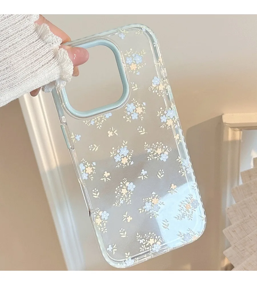 Tiny Blue Yellow Floral Transparent Phone Case For iPhone 12 13 14 15 16 17 Spring Small Flower Vintage Text Shockproof Cover