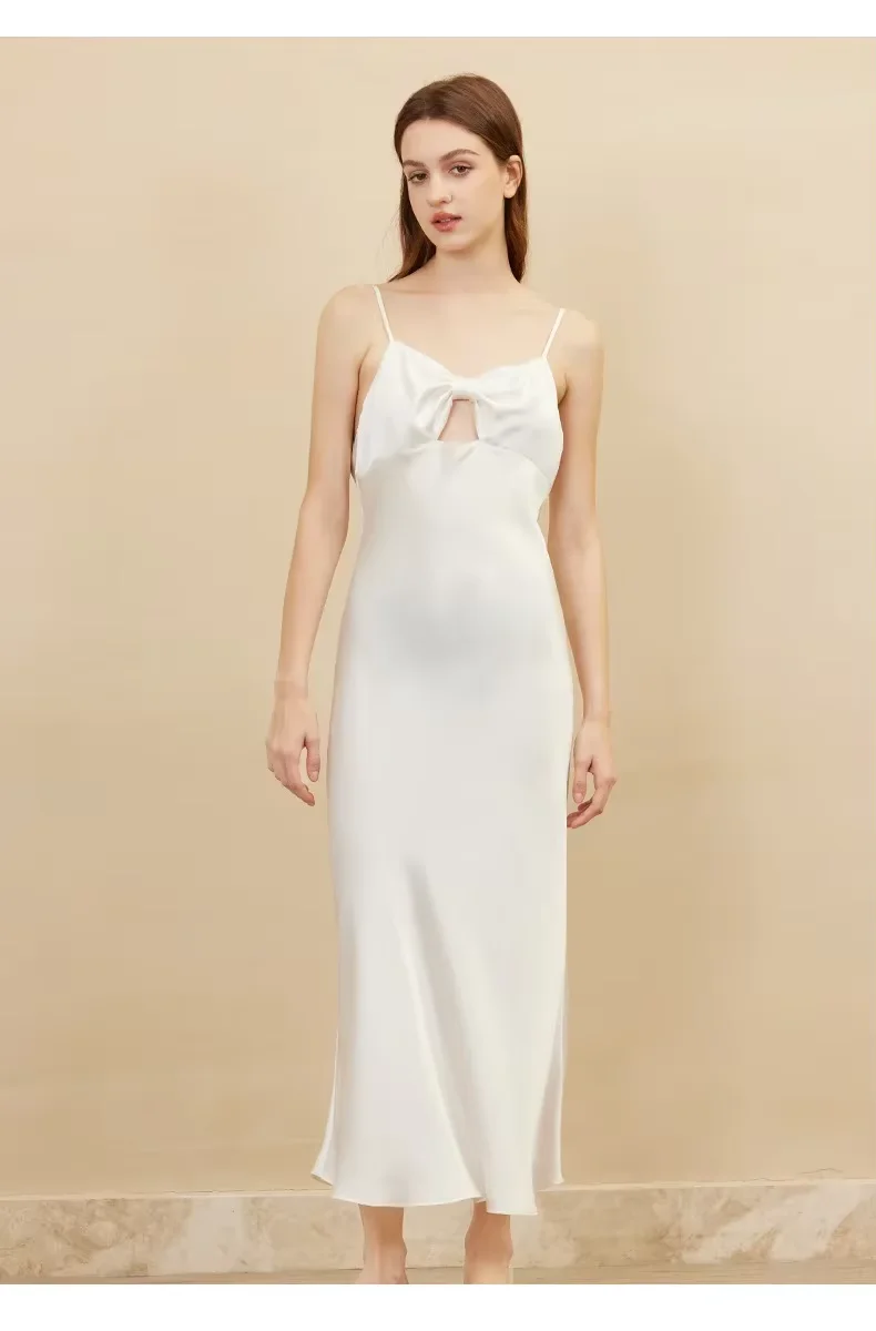 Sexy 100% Moerbei Zijde Avondjurk Strik Borst Spaghetti Band Comfortabele Zijden Lange Nachtjapon Elegante Party Maxi Jurken