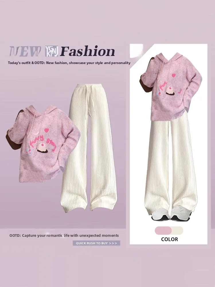 

Women's Knitted Hat Sweatirt oulder Drop Long Sve Casual Pants Two-Piece Set Spring Faion plus Size Pink Loose Fit