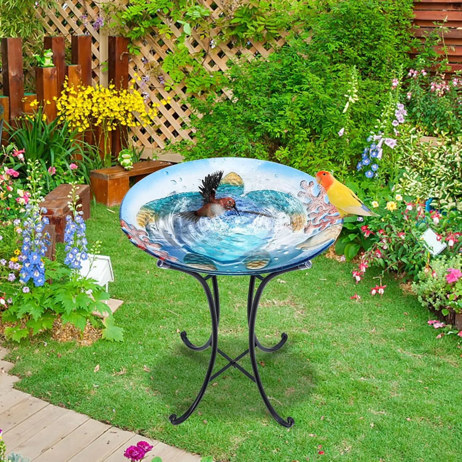 حمام كبير على شكل طيور من زجاج السلحفاة البحرية مع حامل معدني للحديقة الخارجية وديكور الفناء باللون الأزرق