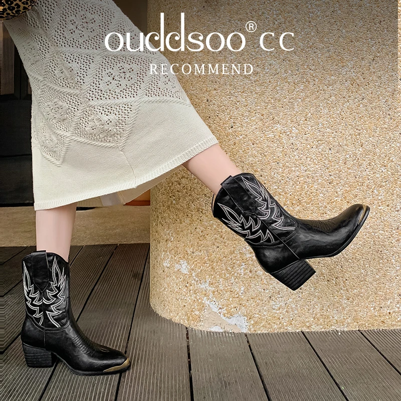 Ods Retro Geborduurde Dames Enkellaarsjes Puntschoen Instapper Dikke Hakken Vrouw Cowboylaarzen Herfst Winter Dames Hoge Heels4142