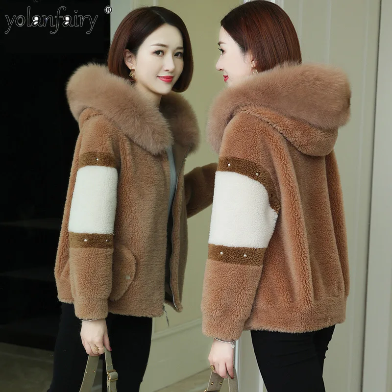 

Real Fur Coat Women's Fox Fur Collar Hooded Sheep Sheared Fleece Coats Female Grain 100% Wool Fur Jacket 2023 New Winter Fashion