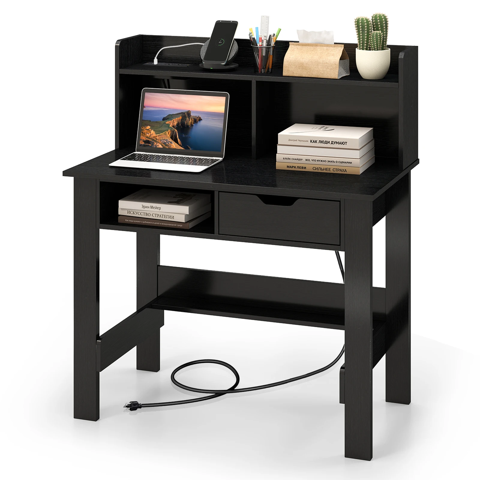 Computer Desk with Power Outlets and USB Ports & Type-C Hutch Open Shelf Drawer