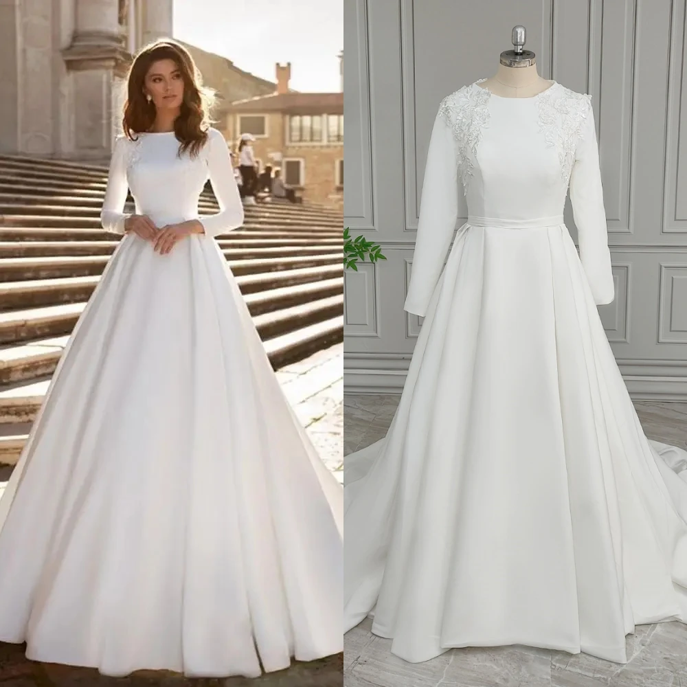 15905# Real Photo Classic Boat Neck Long Sleeve Appliques Beaded Lace Long Train A-line Satin Wedding Dress Bride Gown For Women