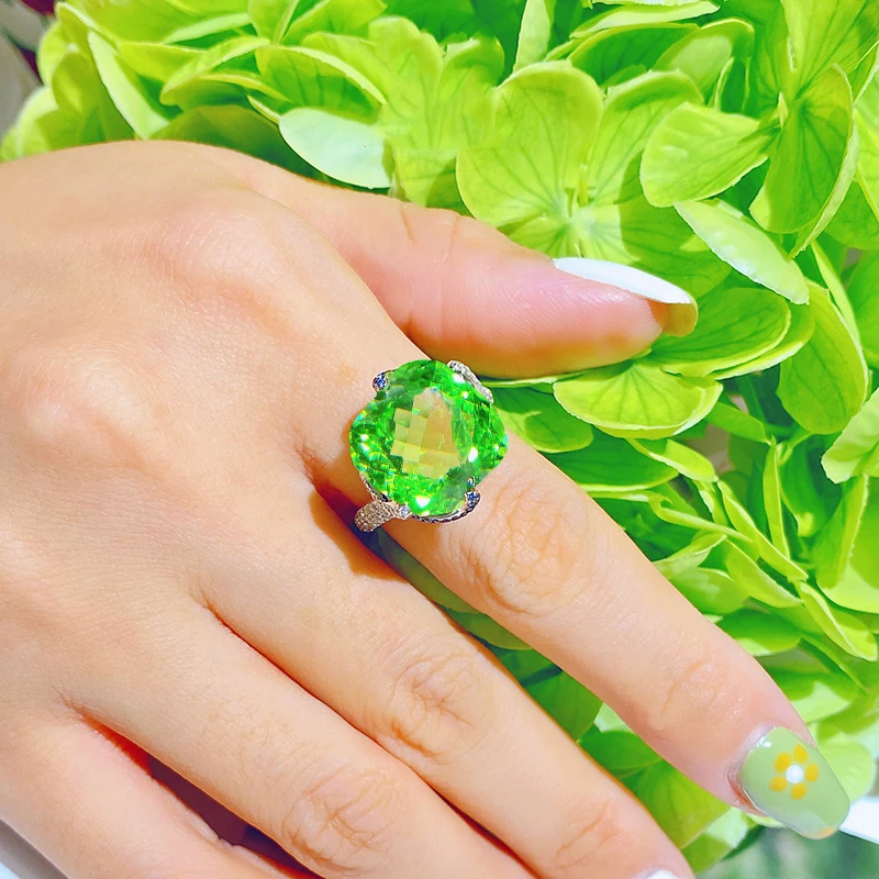 2026 new luxury large-cushion bright green artificial tourmaline ring, women's engagement ring, colored gemstone, adjustable des