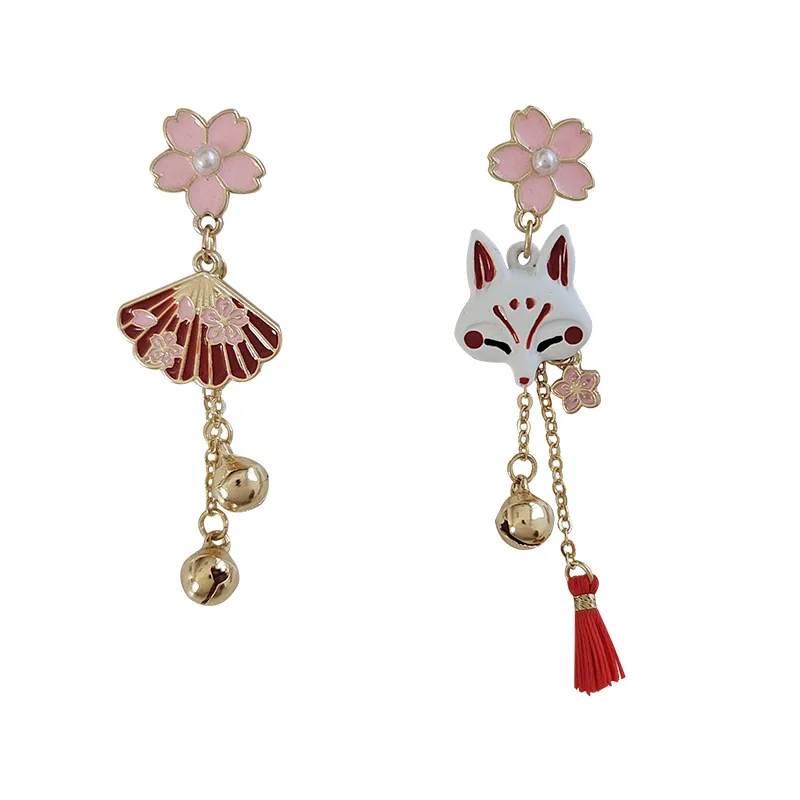Chinese Style Fox Mask Folding Fan Asymmetrical Long Tassel Earrings For Women Girls Cherry Blossom Ear Hook Christmas Jewelry