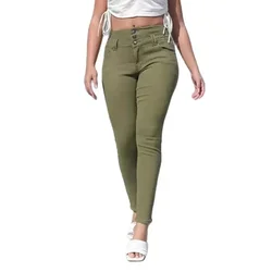 Calça jeans feminina com três botões, cintura alta, slim fit, lavada, casual feminina, calça jeans lápis Hip Lift, outono