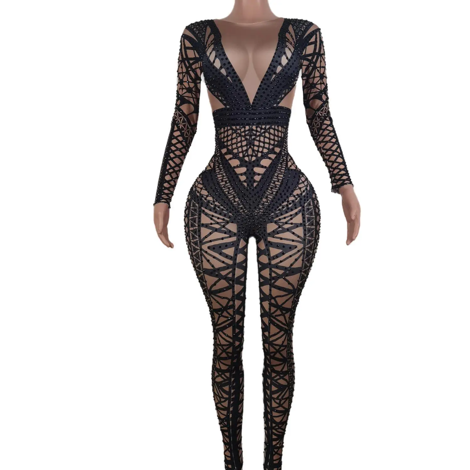 

Sexy Long Sleeves Stretch Rompers Club Party Showgirl Pole Dance Leotard Female One Piece Bodysuit Women Rhinestone Jumpsuit