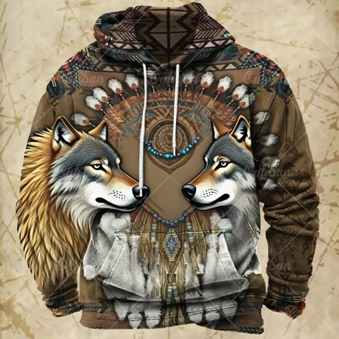 Retro Hoodie Men's Harajuku Wolf Print Fall Long-sleeved Sweater Oversized Y2k Clothing Men's Hoodie Fashion Streetwear