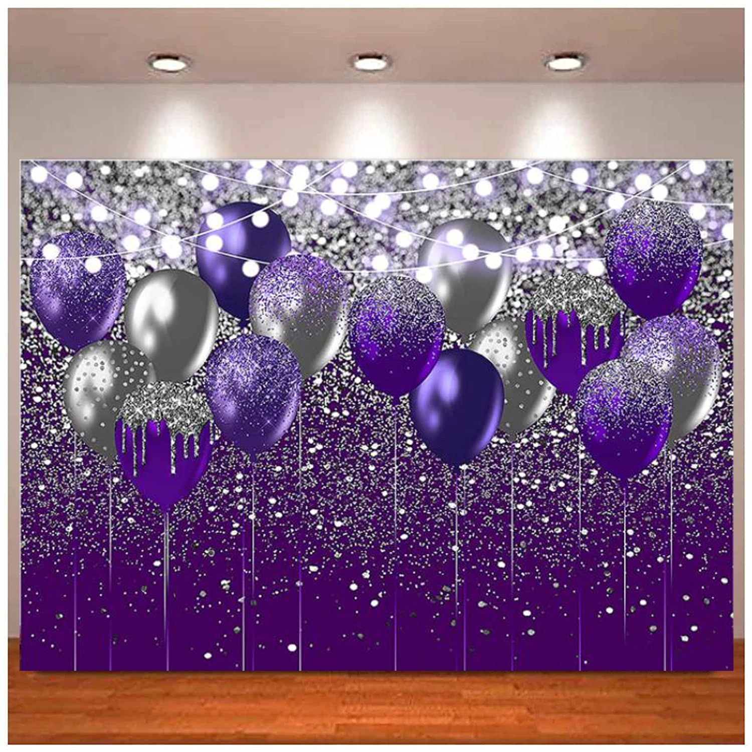 

Photography Backdrop For Birthday Wedding Prom Graduation Background Glitter Silver Purple Balloon Party Decoration Banner