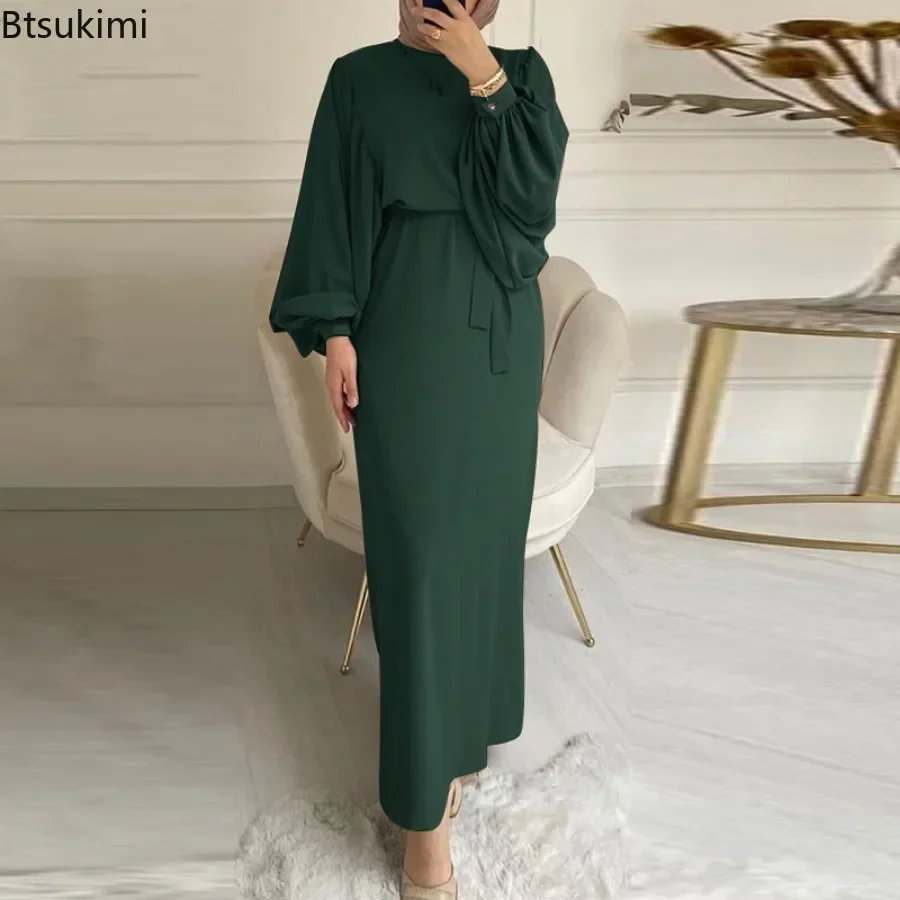 New Fashion Muslim Elegant Modest Abaya for Women Vintage O-neck Lace-up Evening Dress Saudi Arab Solid Kaftan Casual Robe Femme
