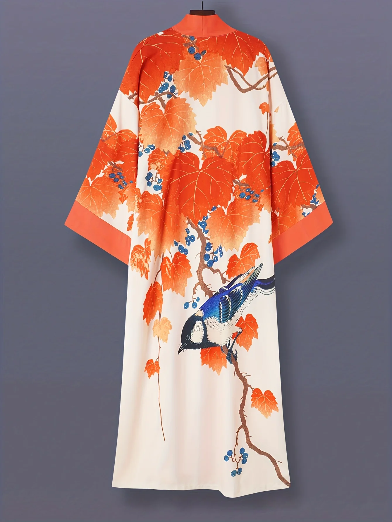 Japanese-Style Bird and Flower Print Mid-Length Three-Quarter Sleeve Kimono Cardigan Thin Jacket for Women, European and American Elegant Ethnic Style