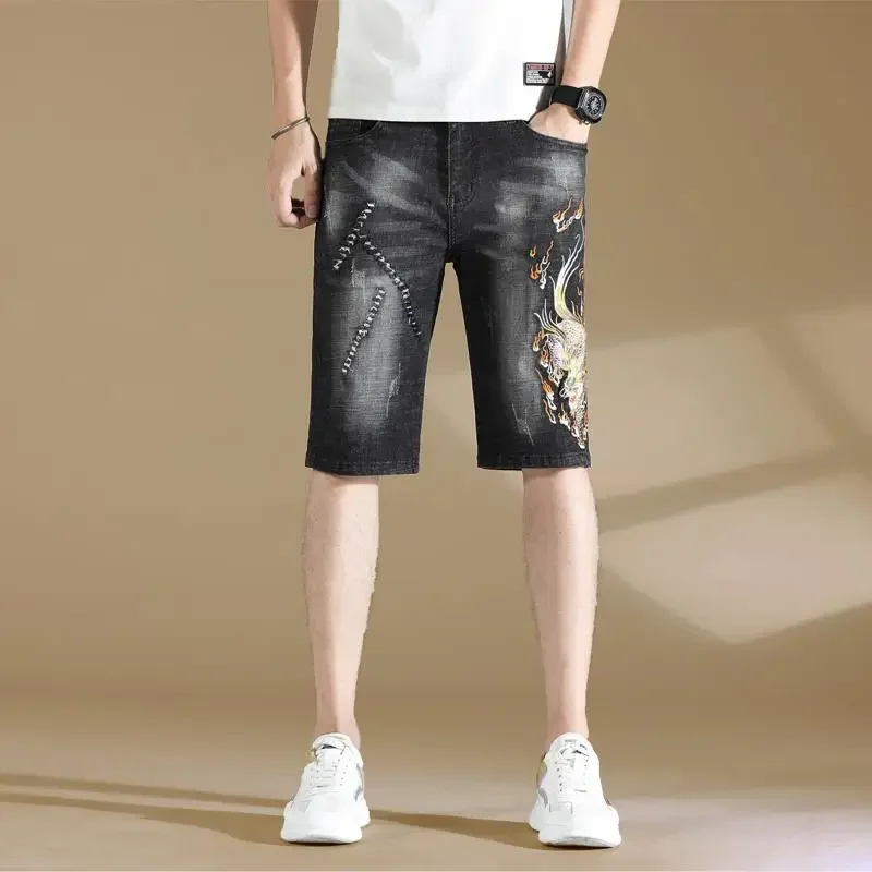 

Long Slim Male Denim Shorts Bermuda with Pockets Graphic Half Skinny Men's Short Jeans Pants Buttons Y2k Fashion Jorts Vintage