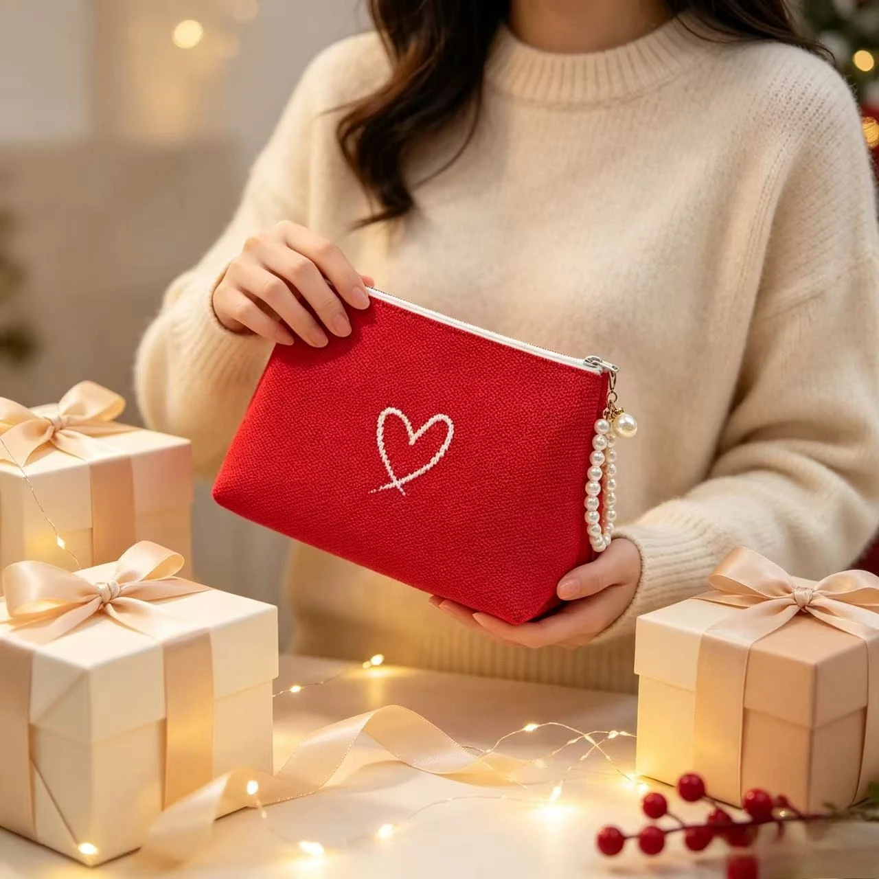 New knitted atmospheric bright color woven heart clutch bag light luxury pearl zipper pull travel portable miscellaneous storage