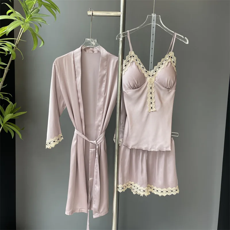 

Sexy Pajamas 3PCS Strap Top+Shorts +Robe Suit 2025 New Women Lingerie Silky Rayon Homewear Kimono Satin Outfit Female Nightgown