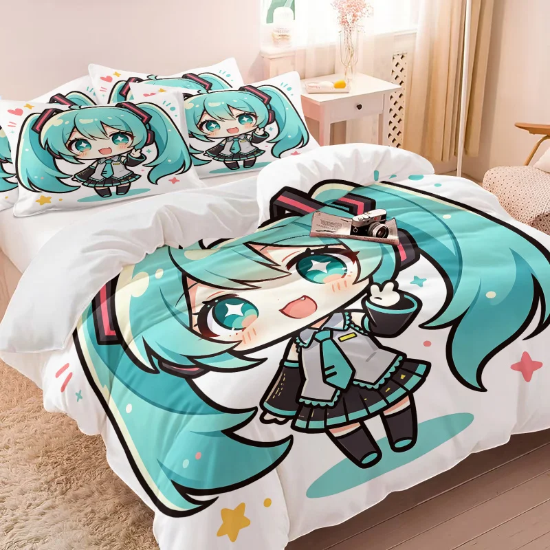 初音ミクちびスタイル布団カバーセットかわいいアニメ寝具枕カバー付きゲームルームティーンキッズ寝室装飾ファンへのギフト
