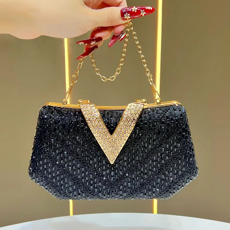 2025 Brand Desig Women V-shaped Lock Inlaid Full Diamonds Evening Clutch Bag Luxury High End Party Handbag Wedding Crossbody Bag