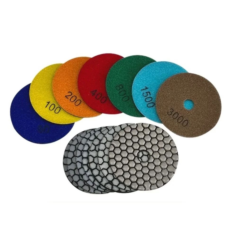 

Набор из 7 сухих полировальных подушечек из смолы, 4 дюйма, 100 мм, гибкие шлифовальные диски для гранита, мрамора, кварцета, камня с зернистостью 50 # до 3000° #