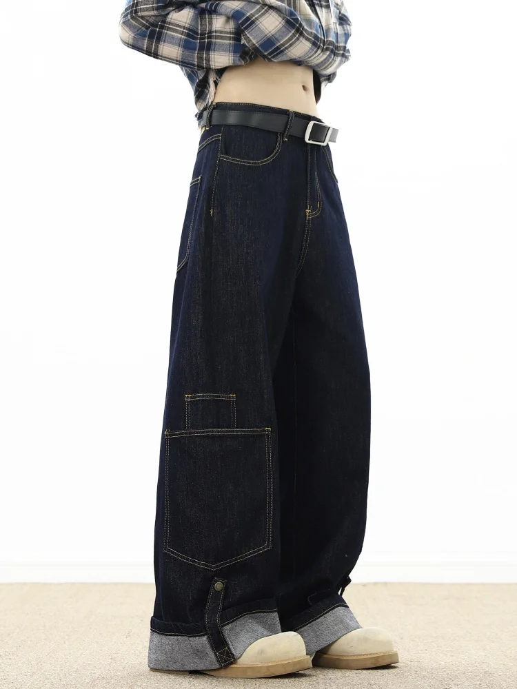 

Американские джинсы в стиле ретро для мужчин: осенне-зимние прямые брюки с отворотами, широкие штанины, длинные брюки-чинос