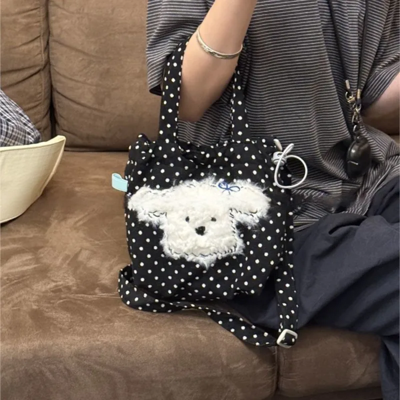 

Корейская милая черная сумка через плечо в горошек с щенком, женская холщовая сумка с героями мультфильмов, женская сумка в стиле Харадзюку, милые сумки на плечо большой вместительности