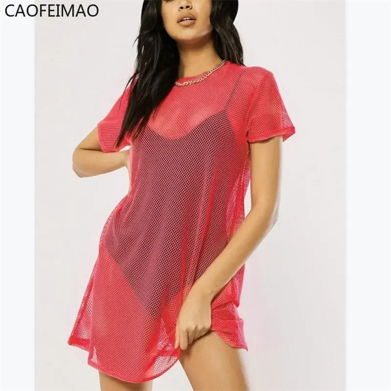 Sexy Women Sheer Mesh Bikini Cover Up Swimwear Swimsuit Bathing Suit See Through Short Sleeve T-shirt Tops Summer Beach Dress