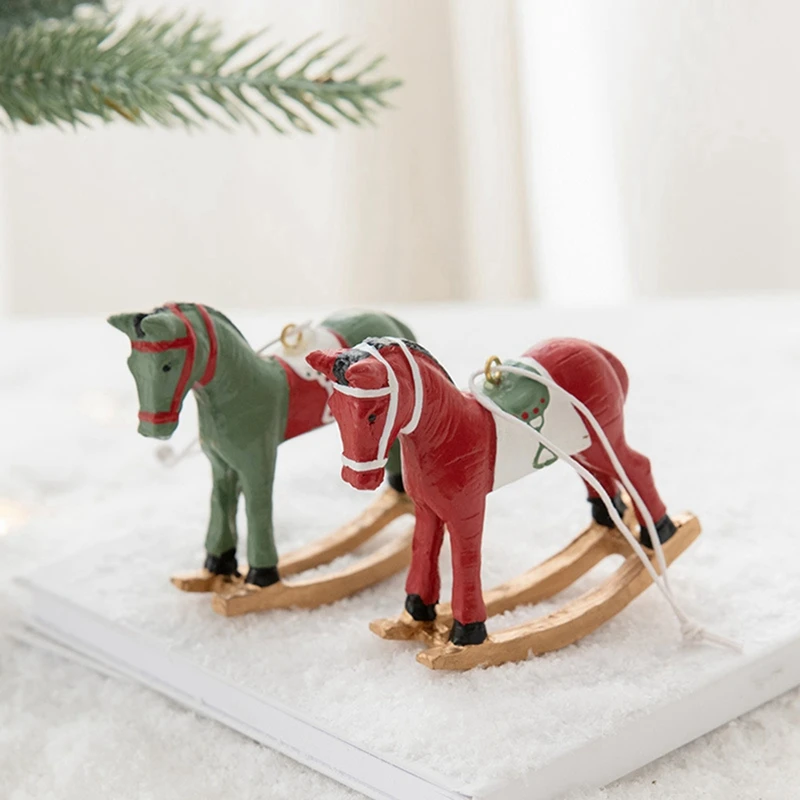 New Three-Dimensional Rocking Horse Small Pendant Tree Decoration Pendant Retro Decoration Green+Red+White-A46I