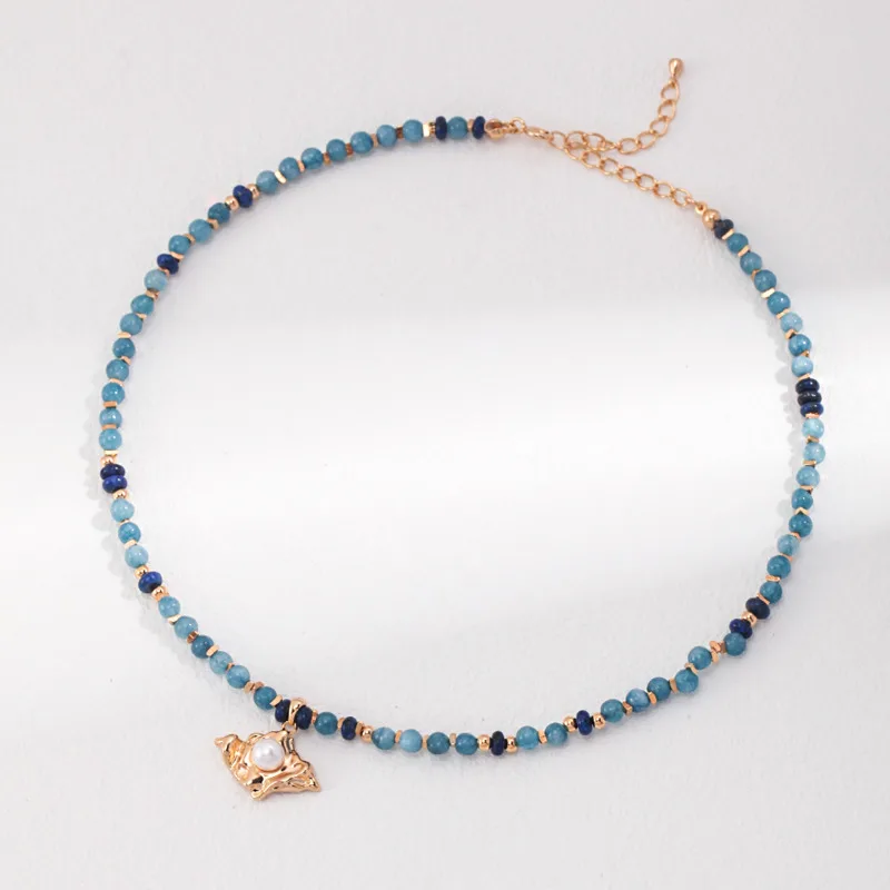 925 Silver Gold Plated Pearl Jewelry Sets With Amazonite Lapis Lazuli Beaded Strand Necklace And Stud Earrings Women Trendy Gift