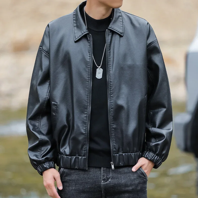 

Leather Jackets Man Casual Fashion Motorcycle Coat Slim Fit Lapel PU Jackets Autumn Anti-wind Leather Coat Streetwear