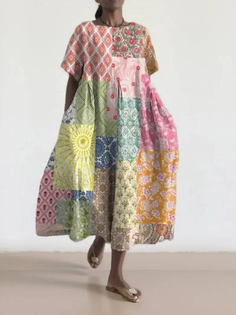 2025년 신상 여성 라운드 넥 롱 캐주얼 드레스 여름 대형 사이즈 신선한 물고기 프린트 드레스 스트리트 휴가 반소매 드레스 T4B7