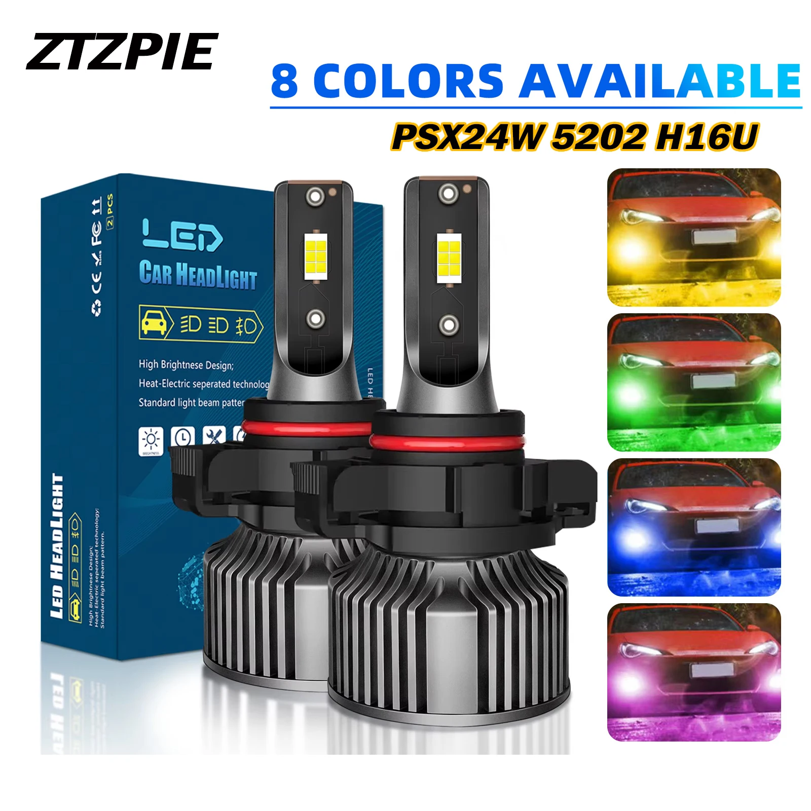 Ampoules de phares de voiture LED ZTZPIE PSX24W Canbus 5202 H16U, haute luminosité, pour feux antibrouillard, 6000K 8000K, lot de 2