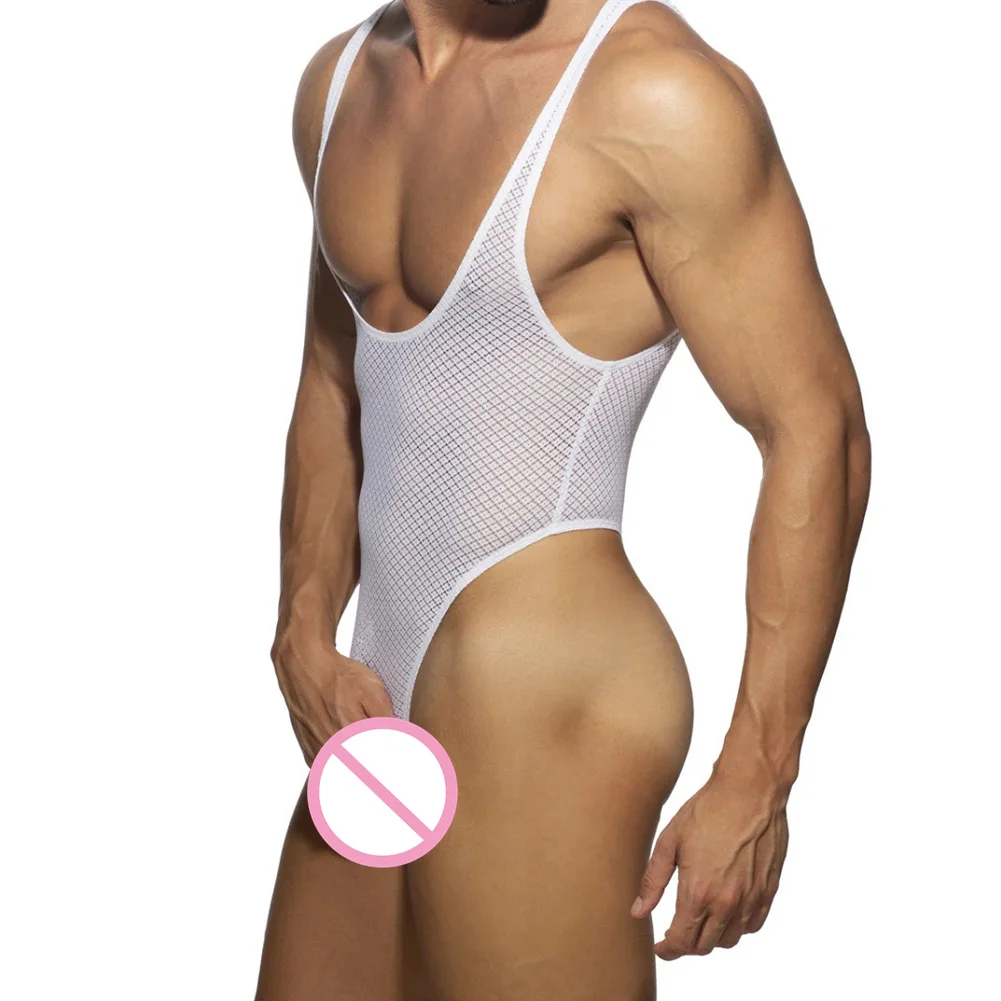 Body Sexy de encaje para hombre, mono transparente con parte trasera en T, ropa interior Gay, leotardo de lucha, lencería erótica Sissy