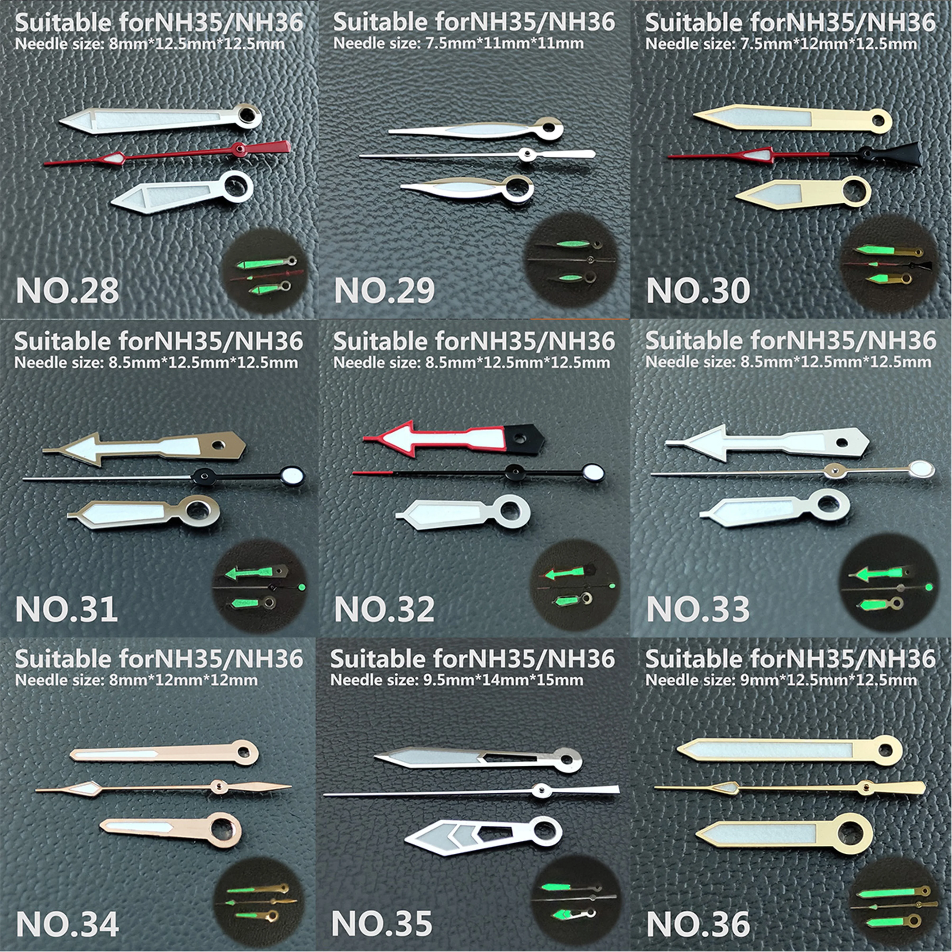 Watch accessories watch pointer NH35 hands white pointer green super luminous, suitable for NH35, NH36 movement NO.1~NO.44